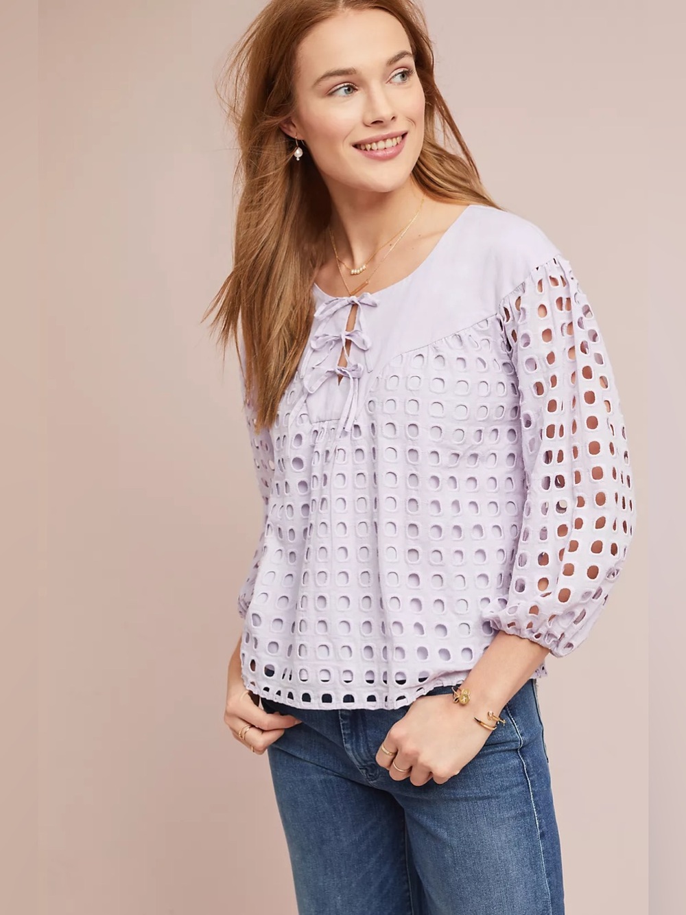 Anthropologie Rhianna Eyelet Wolven Lavender Eyelet Lace-Up Peasant Blouse XS